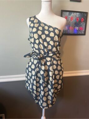 Theory Navy One-Shoulder Polka Dot Tie-Waist Dress